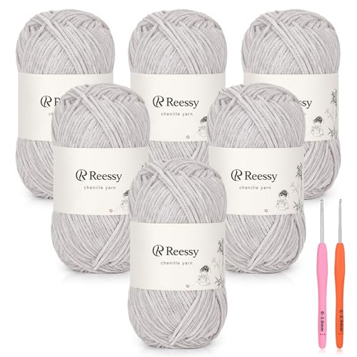Image of Skinny Chenille Yarn for Crocheting - 6 Pack of 50g /158yd (948yd Total) - Soft Matte Thin Chenille CYC #2 - Fine Weight Baby Yarn for Plush Toys, Baby Blankets & Small Crafts(Ash)
