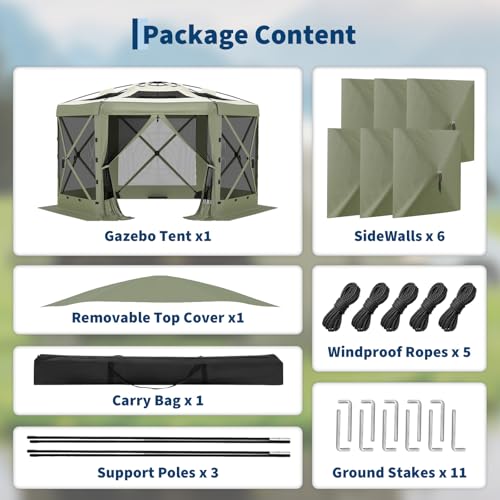 GarveeLife 13x13FT 6-Sided Pop Up Gazebo Tent，One-Push Setup Canopy Tent with Removable Canopy Top & Wind Cloths, Outdoor shelter for Camping, Backyard Parties, Outdoor Events - Army Green by GarveeLife - Used condition - Image 9