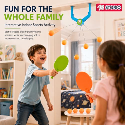 Image of Storio Hanging Table Tennis Trainer, Door Mounted Ping Pong Training Set with 2 Rackets and 5 Balls, Indoor Reflex Training Toy for Boys and Girls Age 5-14 Years