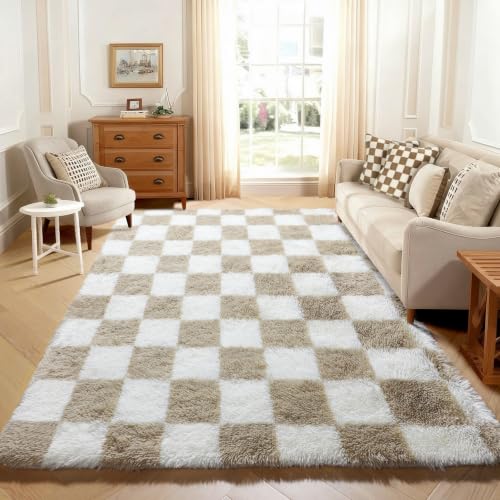 Image of KICMOR 5x7 Beige and Cream White Area Rugs Fluffy Living Room Carpet, Large Fuzzy Checkered Shag Rug for Bedroom Aesthetic, Soft Plush Shaggy Rug for Kids Girls Boys Nursery Room Playroom Home Decor