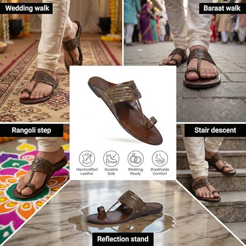 Image of Kolhapuri Chappal for Men Original, Pure Leather Handcrafted Traditional Kolhapuri Chappal for Man Formal Footwear for Weddings & Parties, Ethnic Wear & Daily Comfort