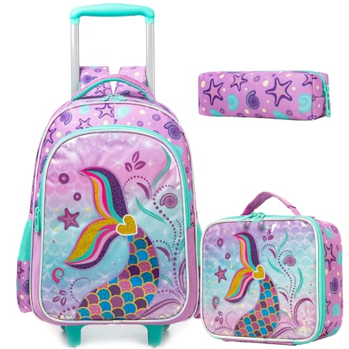 Rolling Backpack for Girls Rolling Backpack for Kids Backpacks with Wheels Travel Luggage for Airplane Roller Backpacks for Girls Mermaid Bookbag