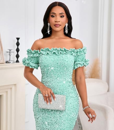 Image of dasmzper Women Sexy Sequin Off Shoulder Ruffle Short Sleeve Bodycon Mermaid Party Formal Evening Maxi Dress