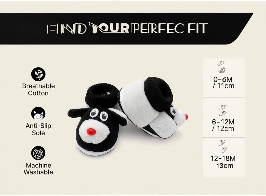 Baby Booties with Cute Dog Face Design, Black and White, Soft Plush, Newborn Crib Shoes