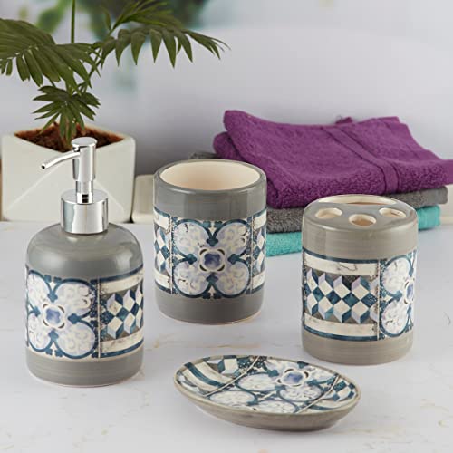Image of Kookee Ceramic Bathroom Set - Stylish 4 Piece Bath Accessories Kit with Soap Dispenser, Toothbrush Holder, Tumbler & Soap Dish - Modern & Designer Decor for Home & Guest Bathrooms, Grey /Blue (9734)