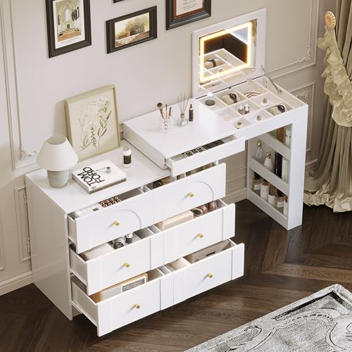 Image of JIVOIT Vanity Desk with Flip-Top Tabletop, Makeup Vanity Table with Mirror, 7 Drawers, 9 Compartments, 3 Shelves, 3 Color Modes Adjustable Makeup Table, Easy Assembly (Walnut /524)