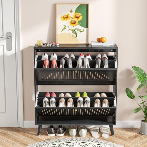 Shoe Storage Cabinet for Entryway with 2 Flip Drawers, Narrow Wood Shoe Cabinet with Fluted Panel, Freestanding Hidden Shoe Organizer for Foyer, Hallway (Black - with Shelf)