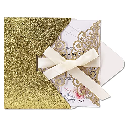 Fashmade 50Pcs Laser Cut Wedding Invitation With Glitter Envelopes And Ribbons Blank Personalized Card Invitaciones Para Quinceañera Birthday Baby Shower Christmas Party Bridal Shower (Gold) #TOP4