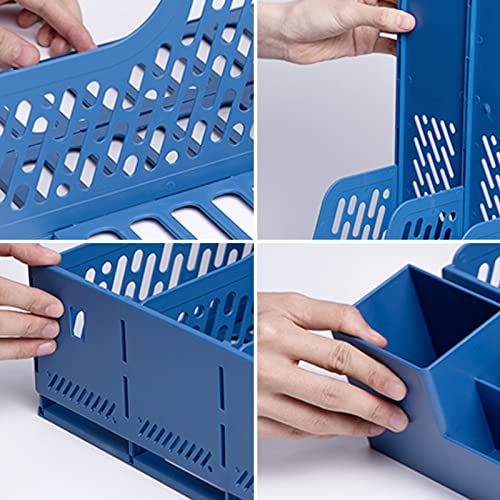 Image of wolpin File Organiser 3 Section Foldable Files Rack & 4 Compartments Stationey Holder Desk Organizer Paper Document Sorter Tray /Organizer Stand, ABS Plastic (25.5 x 32 x 27.5 cm), Blue