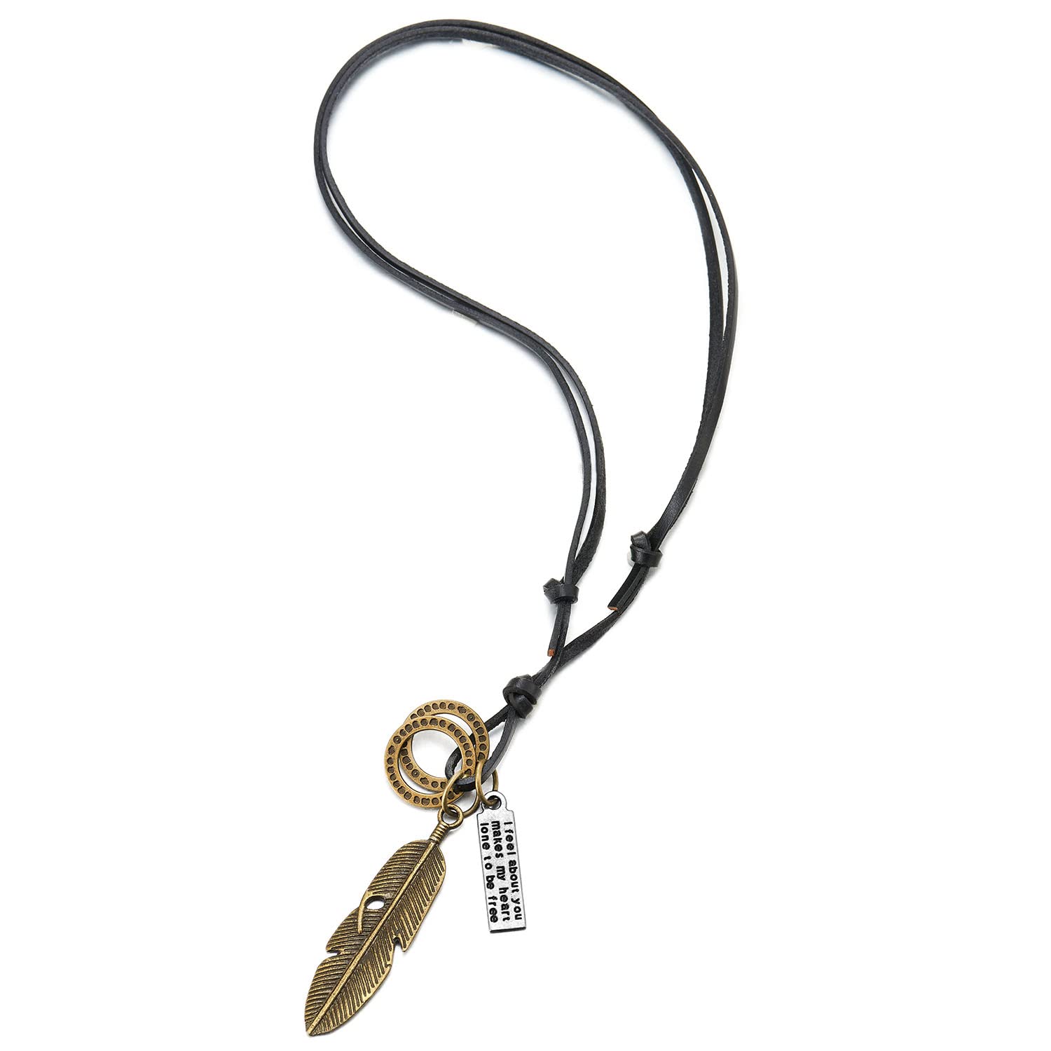 Retro Style Aged Brass Feather Pendant with Adjustable Black