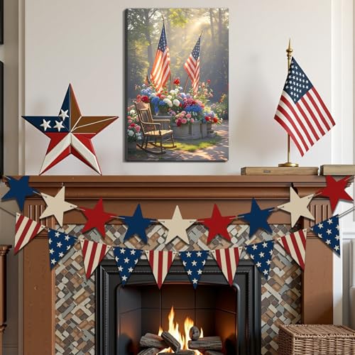 Image of Framed American Flag Floral Garden Wall Art, Patriotic 4th of July Canvas Art Pictures, USA Flag Flower Wall Decor, Made in USA Ready to Hang for Living Room Porch