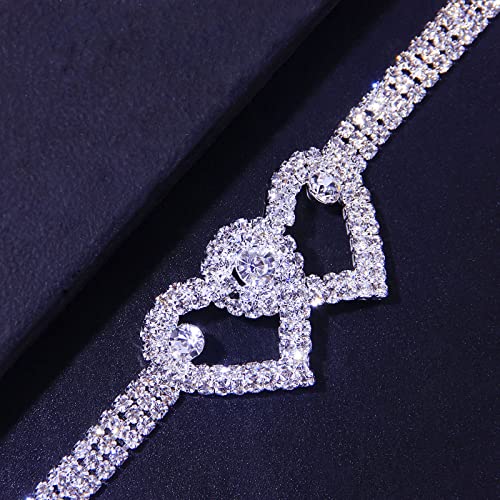 Fesciory Heart Rhinestone Ankle Bracelets For Women, Adjustable Silver Shiny Tennis Anklets, Twinkle Cubic Zircon Diamond Anklet Foot Chain Jewelry Gifts(Double Heart Set) #TOP6