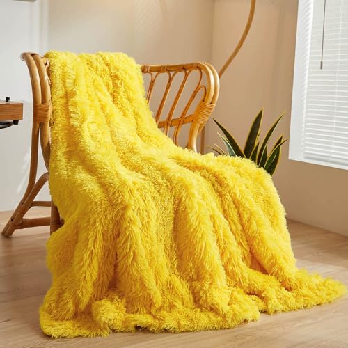 XeGe Luxury Faux Fur Throw, Yellow Soft 50x...