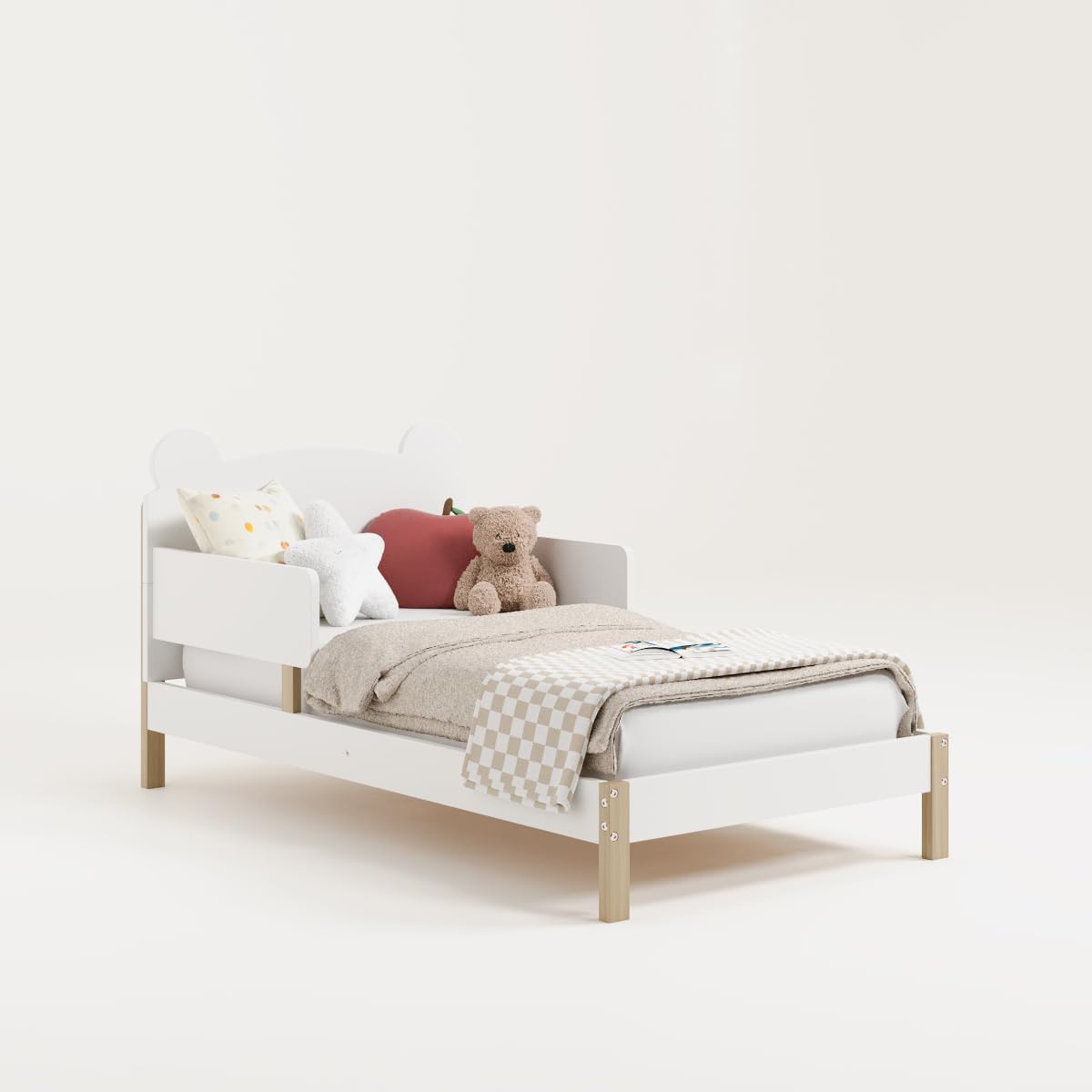 Storkcraft Teddy Bear Toddler Bed (White with Driftwood) - GREENGUARD Gold Certified, Includes Toddler Safety Guardrails, Fits Standard Crib & Toddler Mattress, Stylish 2-Tone Design