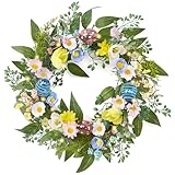 Valery Madelyn 18'' Pre-lit Easter Wreath for Front Door, Lighted Spring Door Wreath with Pastel Egg & Daisy Flower, Artificial Eucalyptus Greenery Farmhouse Decor for Home Wall Window Indoor Outdoor