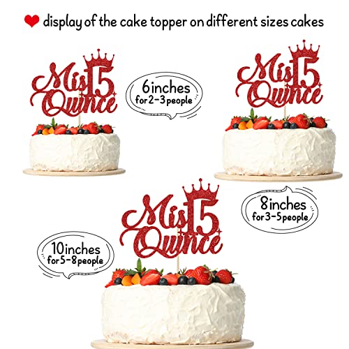 Mis Quince 15 Cake Topper, Mis Quince Años Decorations, 15Th Birthday Cake Topper, Happy 15Th Birthday Decorations Red Glitter #TOP6