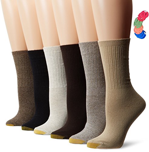 Gold Toe Women's 6 Pack Ribbed Crew Sock /6 Free Sock Clips Included ($5 Value) (Oatmeal Heather/Khaki/Bark/Truffle/Coffee/Black)