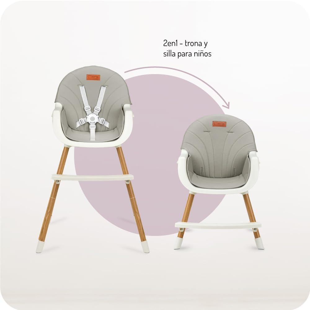 MoMi REKI Trona Bebé 3 en 1 Evolutiva, Trona hasta 36 Meses y Silla Infantil hasta 5 Años, Fácil de Limpiar, Bandeja Desmontable, Arnés de Seguridad, Reposapiés, Juguete Incluido, Gris