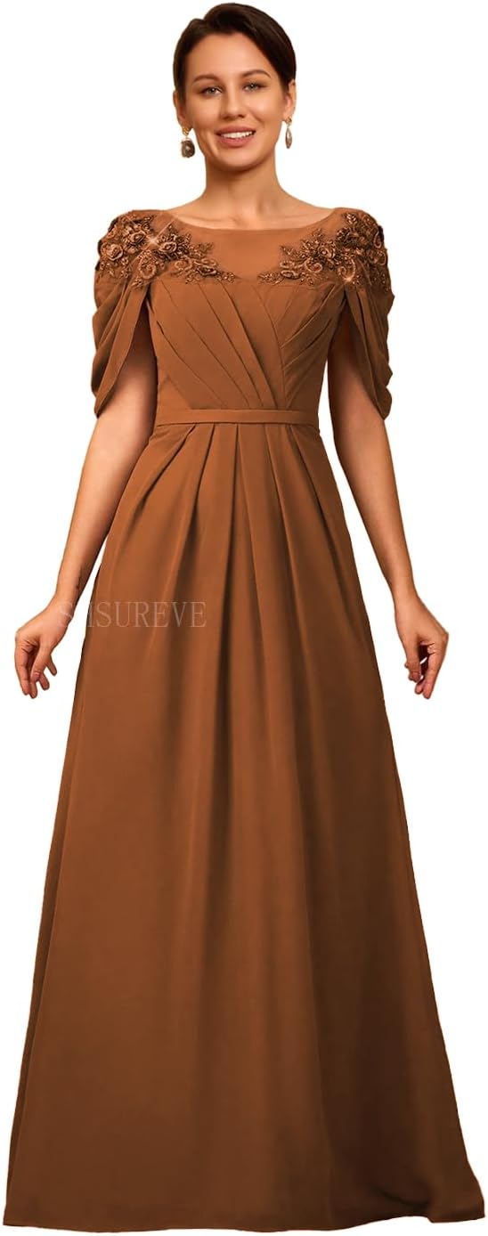 Womens Laces Applique Mother of The Bride Dress Long Pleated Chiffon Formal Evening Gown with Sleeve