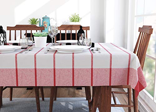 Image of Encasa XO Table Cloth (7 ft Long) for 6 Seater Large Center Dining Table - Red Checks with Borders - Heavy Homespun Eco-Cotton Fabric, Washable, for Home, Garden, Hotel & Restaurant