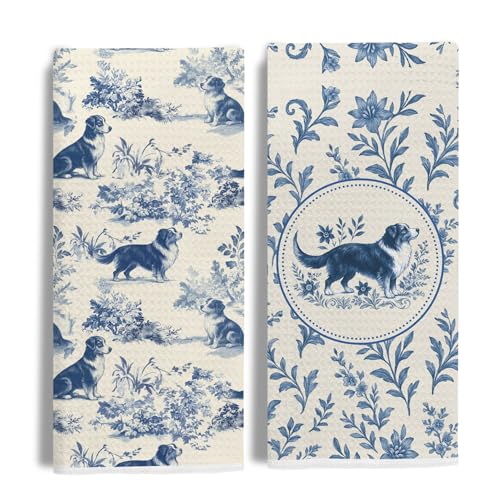 Image of Blue Chinoiserie Border Collie Kitchen Towels, Border Collie Gifts Dish Tea Towels for Kitchen, Vintage French Toile Dog Decorative Hand Towel for Bathroom, Dog Lover Gifts, 16x24 Inch Set of 2