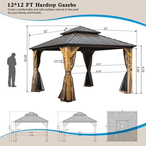 Domi Hardtop Gazebo 12x12 Cedar Frame Wood Gazebo with Galvanized Steel Double Roof, Outdoor Permanent Metal Gazebo with Curtains and Netting for Patio,Deck,Backyard