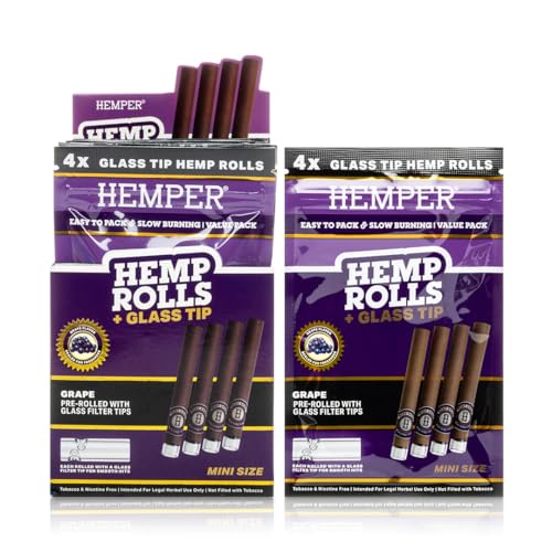 Hemper Pre-Rolled Mini Size Hemp Rolls with Reusable Glass Tips - 4PK | 12ct Display | Hand-Rolled, Natural Hemp Paper Rolls in Protective Case for Smooth, Clean Burn and Freshness - (Grape)