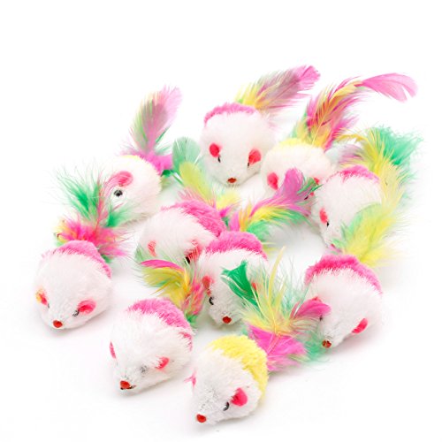 10 Stück Neuheit Haustier Kätzchen Katze Pelzmäuse Form Feder Schwanz Apportierspielzeug Geschenk Katze Maus Spielzeug für Indoor-Katzen, die Lärm machen, mit Rassel, Katzenminze, elektronisch