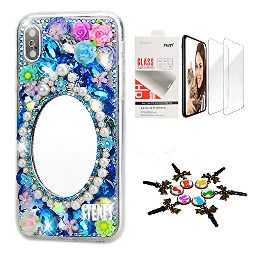 STENES Bling Case Compatible with iPhone X/Xs - Stylish - 3D Handmade [Sparkle Series] Girls Mirror Flowers Design Cover with Screen Protector [2 Pack] - Blue