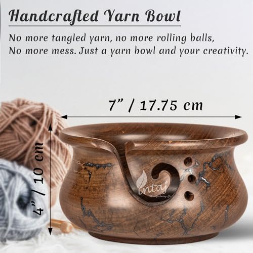 Image of INTAJ Wooden Yarn Bowl for Knitting and Crochet, 7 Inch No-Snag Holder