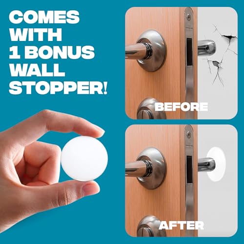 Image of STRONGEST HOME Stoppers for Bottom of Door - Heavy Duty Metal Rubber Door Stopper, Non-Slip Door Stop for Heavy Doors, Works on Wood, Tile & Carpet Floors, Folding Black 1 PC + 1 White Wall Protectors