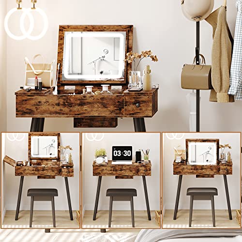 Ironck Vanity Desk Set With Led Lighted Mirror & Power Outlet, Flip Top Makeup Vanity Table With Drawers & Cabinet,For Bedroom, Bathroom, Vintage Brown #TOP3