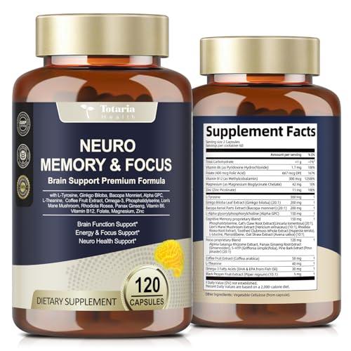 Totaria Brain Supplements for Memory and Focus, Brain Health with L-Tyrosine, Alpha GPC, Ginkgo Biloba, Bacopa Monnieri, Nootropic Cognitive Support – Non-GMO, Gluten Free (120 Counts)