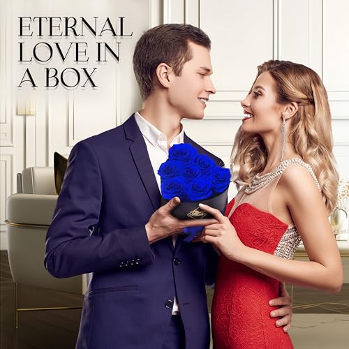 Image of GLAMOUR BOUTIQUE 7 Flower Forever Heart Shape Box, Mothers Day Gift For Mom, Eternal Preserved Roses Gift for Her, Flowers bouquet, For Birthday, Anniversary, Girlfriend - Blue (Color-Treated)