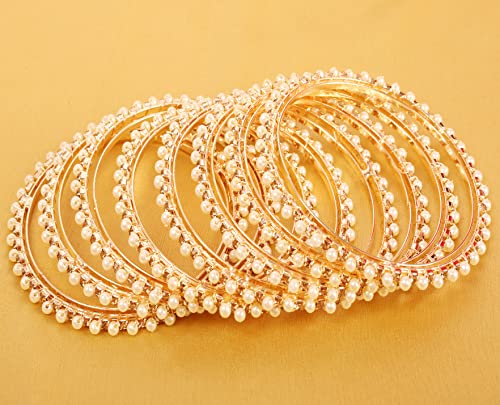 Touchstone "Pearl Bangle Collection Indian Bollywood Exclusive Studded Look Yellow Rhinestone Faux Pearls Designer Jewelry Bangle Bracelets Set Of 8 In Antique Gold Tone For Women. #TOP2