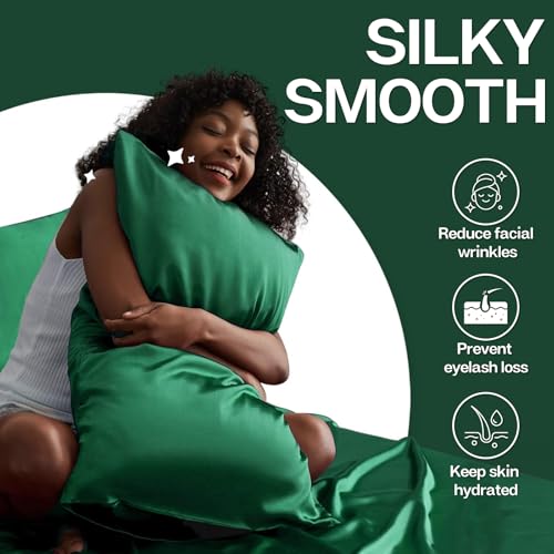 Image of MR&HM Satin Pillowcase for Hair and Skin, Silk Satin Pillowcase 2 Pack, Standard Size Pillow Cases Set of 2, Silky Pillow Cover with Envelope Closure (20x26, Dark Green)