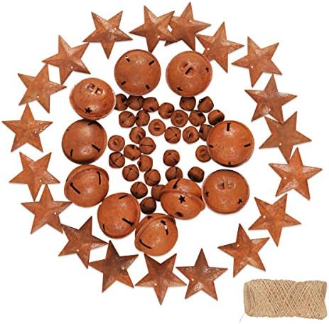 YIYA 60Pcs Rusty Jingle Bells Rusty Metal Stars Contain A Jute Rope, DIY Bells Metal Craft Bells for Christmas Festival Decoration Wreath Holiday Home Decoration (3 Sizes)
