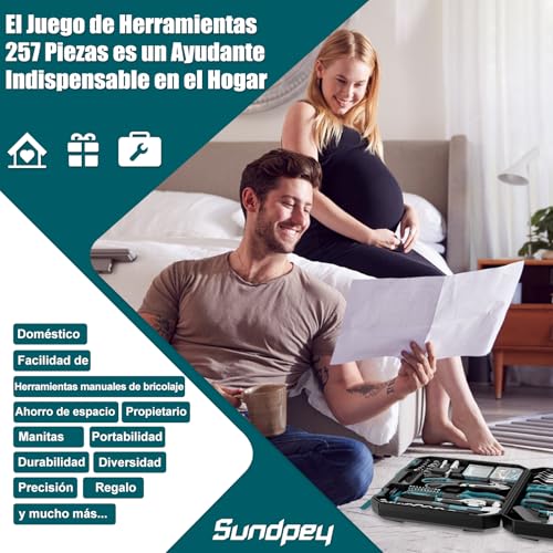 Miniatura 7 de Caja Herramientas Completa 257 Piezas, Sundpey Juego Herramientas Completa, Caja De Herramientas Portátil Con Juego De Llaves De Trinquete Juego De Destornilladores Alicates, Azul