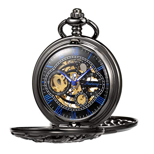 TREEWETO Antique Mechanical Pocket Watch Lucky Dragon Hollow Case Double Hunter Skeleton Dial with Chain + Box