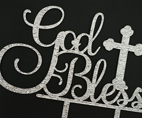 Qttier God Bless Cake Topper For Baptism Christening Dedication Or First Communion Baby Shower Decoration Supplies Acrylic Sign Decor ( Silver ) #TOP2