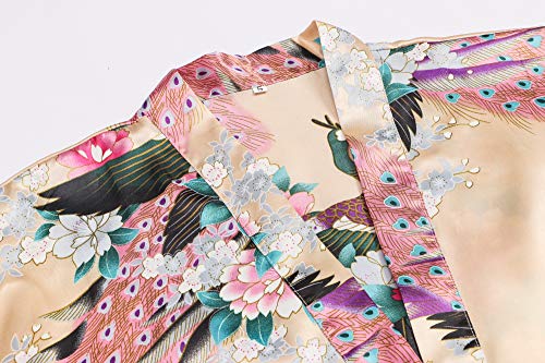 Women's Floral Kimono Robe Bride Bridesmaids Satin Robes Short Peacock Bathrobe Wedding Bridal Party Sleepwear, Champagne S #TOP4