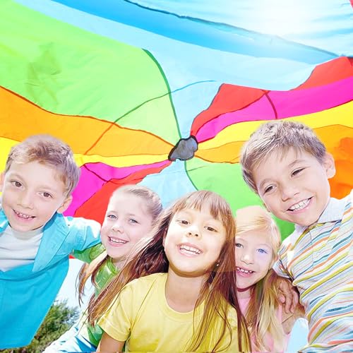 image for NARMAY Kids Play Parachute, 12ft Rainbow Parachute with 12 Handles for