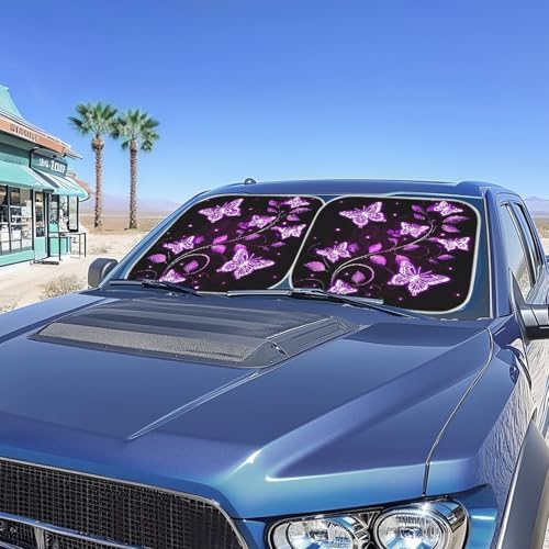 Image of Purple Butterfly 2 PCS Car Windshield Sun Shade Foldable Automotive Interior Accessories for Sun Protection Auto Sun Heat and UV Rays Blocker Fit Car Front Window for Trucks SUV Van