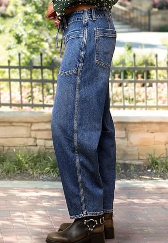 Women's Baggy Barrel Jeans Casual Boyfriend Mid Rise Wide Leg Denim Pants with Drawstring4