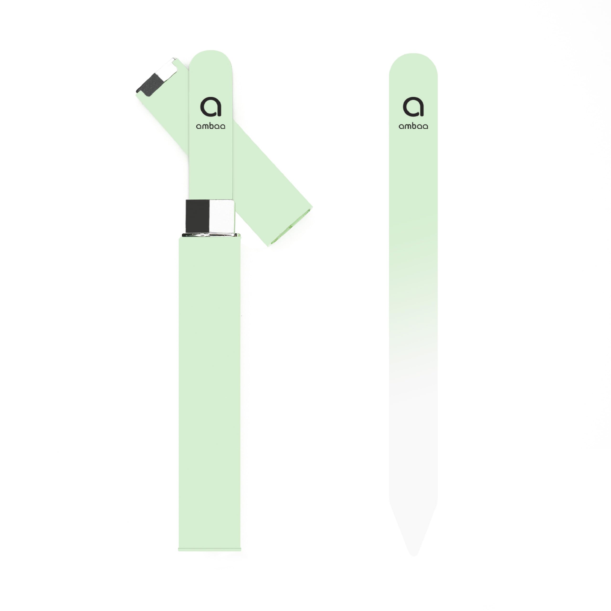 Ambaa Professional Glass Nail File with Case, Precision Double-Sided Filer for Natural & Artificial Nails, Manicure, Pedicure, Shaping & Styling Tool for Home & Salon (Pastel Green)