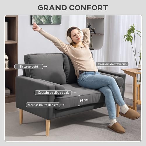 HOMCOM Canapé 2 Places canapé Moderne en Velours 127 cm, Coussins à Ressorts épais, Pieds en Bois d'hévéa, 2 oreillers et Assise capitonnée, Banquette 2 Places pour Salon, Chambre, Petit Espace, Gris – Image 5