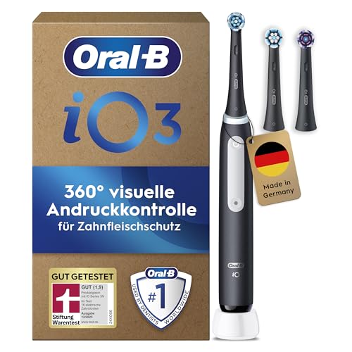 Oral-B Brosse A Dents Electrique iO 3 Noire, 3 Modes De Nettoyage Dont Blancheur, Brossage Silencieux, Capteur De Pression, 3 Brossettes De Rechange Oral B, Embouts Ronds, Chargeur, En Carton