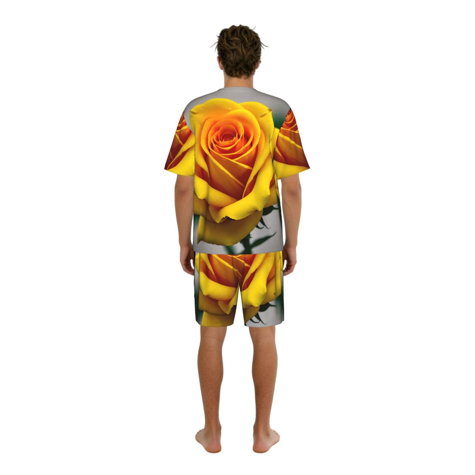 Conjunto de pijama clásico con estampado de rosas amarillas para hombre, pantalones cortos de pijama suaves para hombre, perfecto para las noches de verano