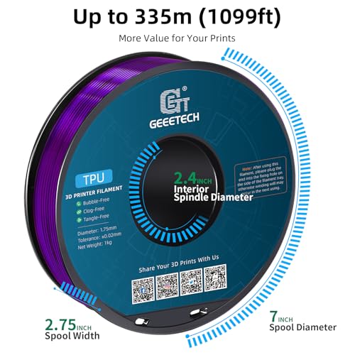 Image of Geeetech TPU Filament 1.75mm, Shore 95A Flexible 3D Printer Filament with High Elasticity, 1KG (2.2lbs) Spool, Dimensional Accuracy ±0.03mm, Fits Most FDM Printers (Clear Purple)