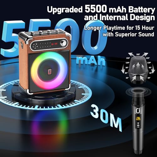 Image of JYX Portable Bluetooth Karaoke Speaker with 2 Wireless Mics, 10Hrs Playtime, RGB Lights, PA System for Adults & Kids, Supports USB /TF /FM /Type-C /AUX, for Home Party, Outdoor & DJ Use (Wood)